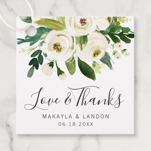 Elegante weiße Wasserfarbe Blumengrün Hochzeit Geschenkanhänger (Vorderseite)