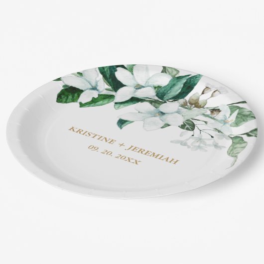 Elegante weiße Wasserfarbe Blumengrün Hochzeit Pappteller (Schrägansicht)