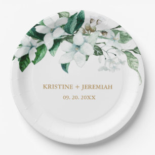 Elegante weiße Wasserfarbe Blumengrün Hochzeit Pappteller
