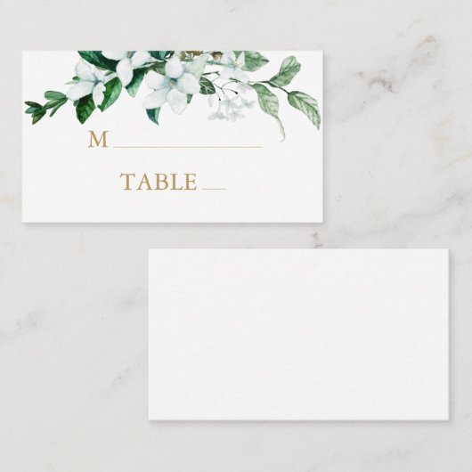 Elegante weiße Wasserfarbe Blumengrün Hochzeit Platzkarte (Vorne/Hinten)
