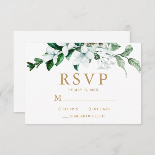Elegante weiße Wasserfarbe Blumengrün Hochzeit RSVP Karte (Vorne/Hinten)