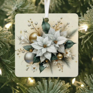 Elegante weiße Weihnachts-Poinsettie mit Gold Ornament Aus Metall
