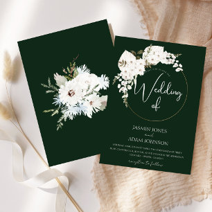 Elegante weiße Winterhochzeit mit floralen grünen Einladung