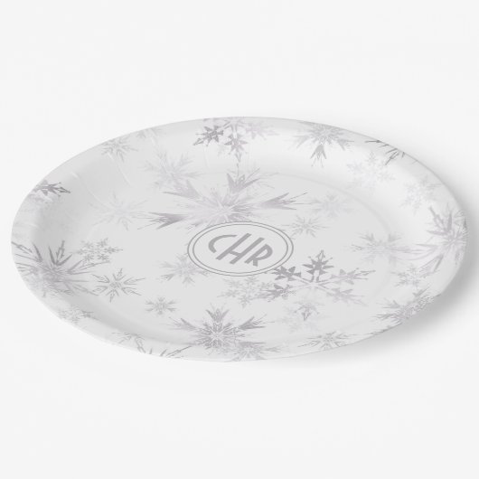 Elegante weiße Winterschneeflocken Pappteller (Schrägansicht)