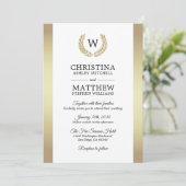 Elegante weißes Goldlorbeer-Monogramm-Hochzeit Einladung (Stehend Vorderseite)