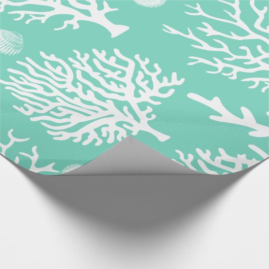 Elegante weißes Seekorallen-KüstenMuscheln u. Grün Geschenkpapier (Ecke)