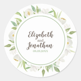 Elegante weißes u. grünes Aquarell-Blumenhochzeit Runder Aufkleber