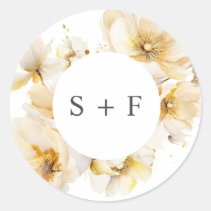 Elegante Weißgold-Blumen-Initialen-Hochzeit Runder Aufkleber