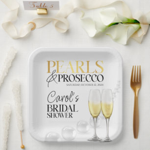 Elegante Weißgold-Perlen & Prosecco-Junggesellinne Pappteller