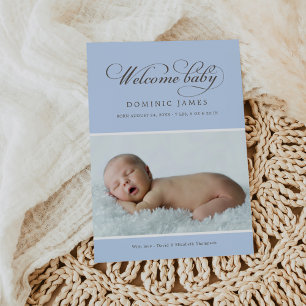 Elegante Welcome Baby Boy Powder Blue Foto Birth Ankündigung