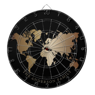 Elegante Weltkarte in Schwarz und Gold  Monogramm  Dartscheibe