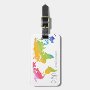 Elegante Weltkarte Rainbow Pastel Mit Monogramm Na Gepäckanhänger