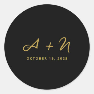 Elegante Whimsical Black and Gold Monogram Wedding Runder Aufkleber