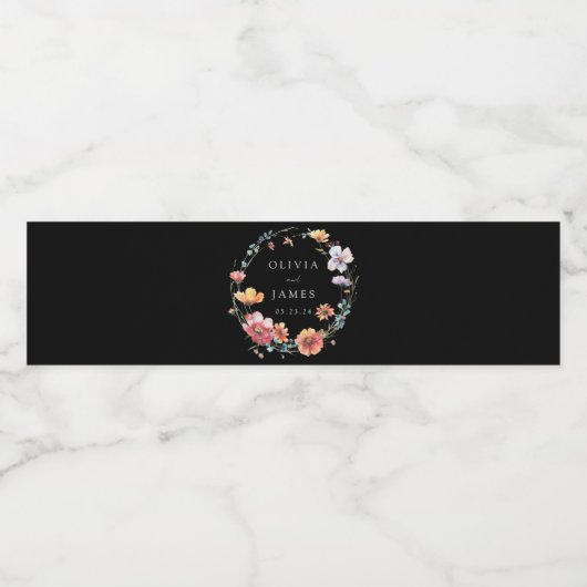 Elegante Whimsical Black Wildblume Wedding Wasserflaschenetikett (Einzelnes Label)
