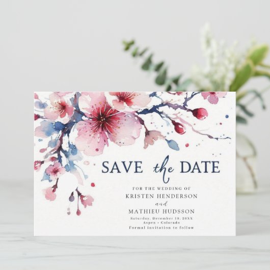 Elegante Whimsical Cherry Blossom Hochzeit Save The Date (Stehend Vorderseite)