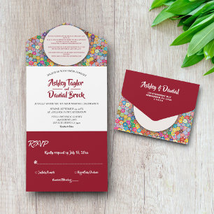 Elegante Whimsical Classy Burgundy Floral Wedding All In One Einladung