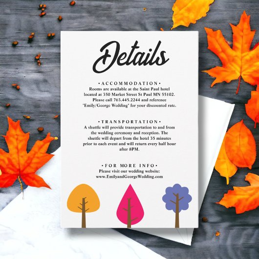 Elegante Whimsical Colorful Trees Chic Hochzeit im Begleitkarte