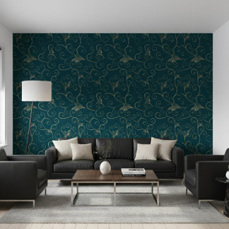 Elegante Whimsical Gold Floral Muster Dunkel Aquam Tapete