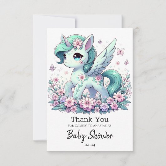 Elegante Whimsical Unicorn Babydusche Dankeskarte (Vorderseite)