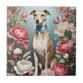 Elegante Whippet Pink Peony Blume Blue Background Fliese (Vorderseite)