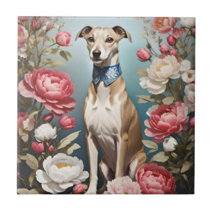 Elegante Whippet Pink Peony Blume Blue Background Fliese