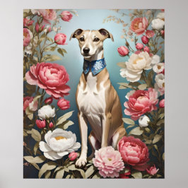 Elegante Whippet Pink Peony Blume Blue Background Poster