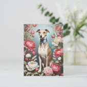 Elegante Whippet Pink Peony Blume Blue Background Postkarte (Stehend Vorderseite)