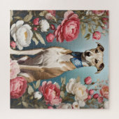 Elegante Whippet Pink Peony Blume Blue Background Puzzle (Horizontal)