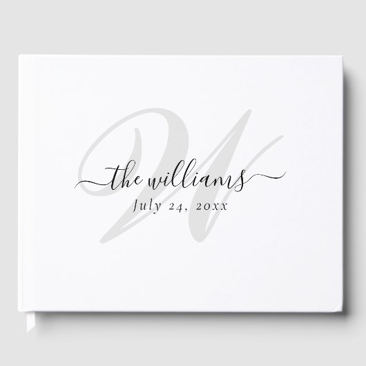 Elegante White and Black Script Monogram Wedding Gästebuch (Vorderseite)