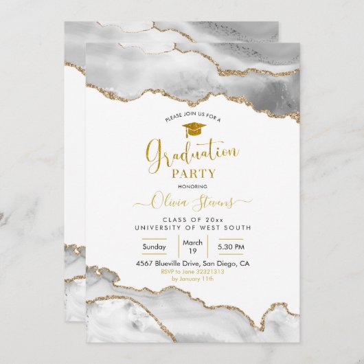 Elegante White and Gold Agate Graduation Party Einladung (Vorne/Hinten)
