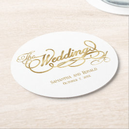 Elegante White and Imitats Gold Calligraphy Weddin Runder Pappuntersetzer