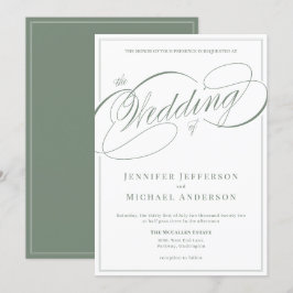 Elegante White and Sage Calligraphy Script Wedding Einladung