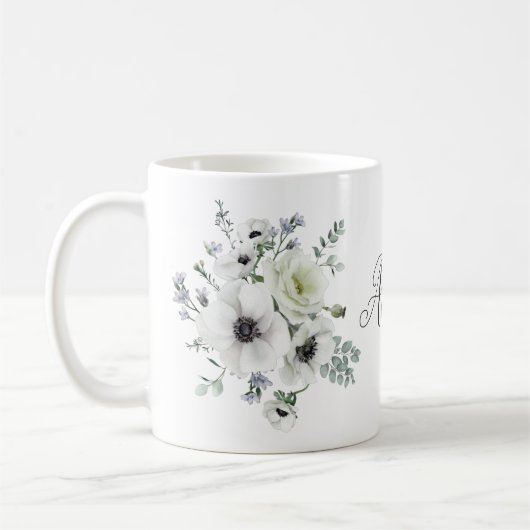 Elegante White Anemones Protea Eucalyptus Name Kaffeetasse (Links)