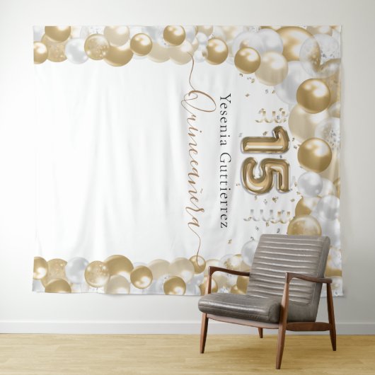 Elegante White-Balloon Arch Quinceañera Wandteppich (Beispiel (Horizontal))