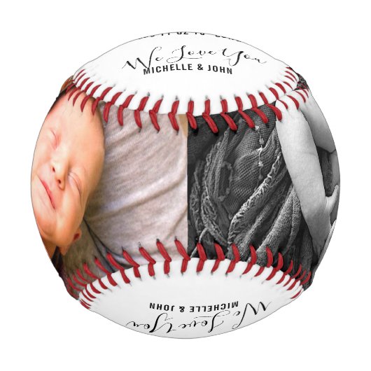 Elegante White Birth Ankündigung 2 Fotos Name Baseball (Vorderseite)