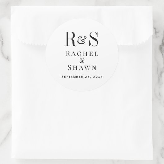 Elegante White & Black Chic Moderne Monogram Weddi Runder Aufkleber (Tasche)