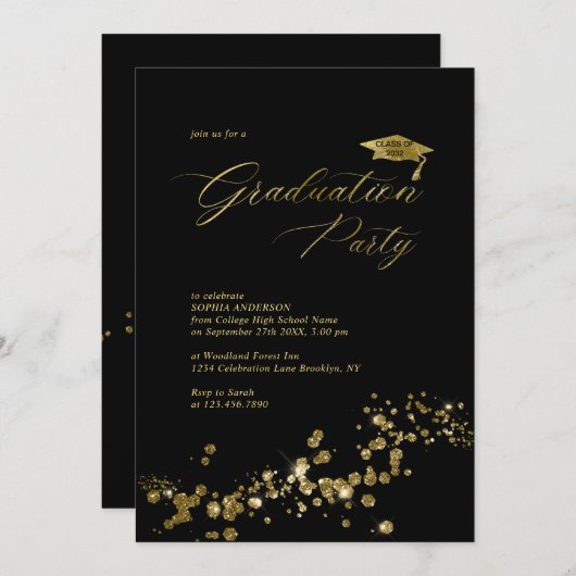 Elegante White Black Dust Confetti Graduation Part Einladung (Vorne/Hinten)