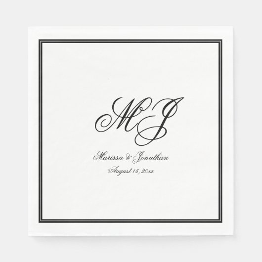 Elegante White Black Monogram Script Hochzeit Serviette (Vorderseite)