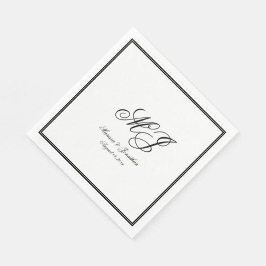Elegante White Black Monogram Script Hochzeit Serviette (Ecke)
