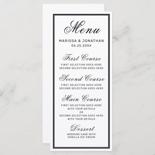 Elegante White Black Script Chic Hochzeit Menükarte (Vorne/Hinten)