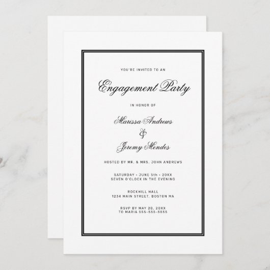 Elegante White Black Script Engagement Party Einladung (Vorne/Hinten)
