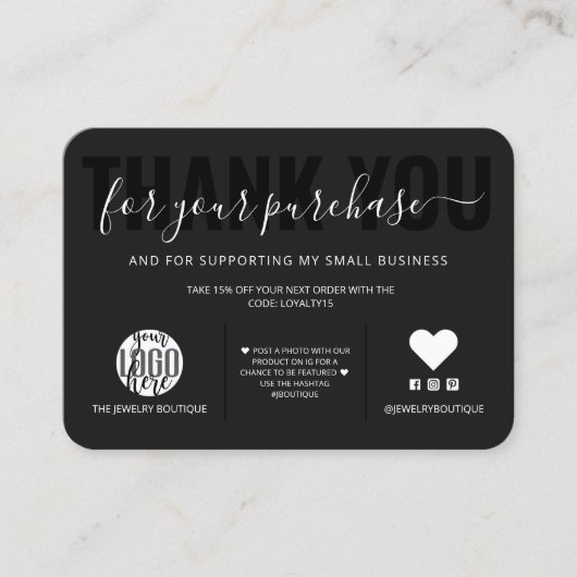 Elegante White Black Script Logo-Kunde Vielen Dank Visitenkarte (Vorderseite)