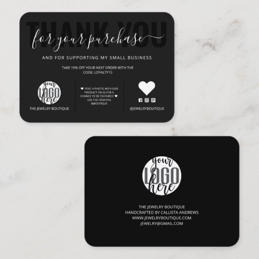 Elegante White Black Script Logo-Kunde Vielen Dank Visitenkarte (Vorne/Hinten)