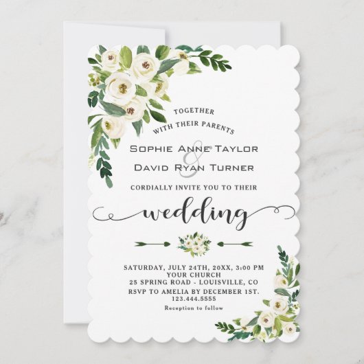 Elegante White Blooming Floral Handwriting Wedding Einladung (Vorderseite)