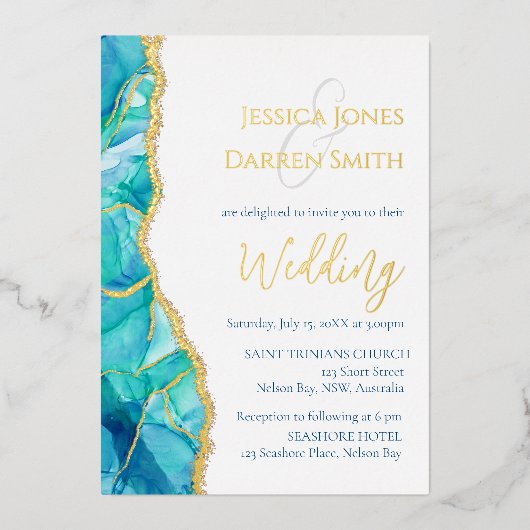 Elegante White Blue Gold Foil Einladung zur Hochze (Vorderseite)