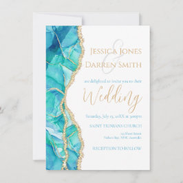 Elegante White Blue Gold Glitzer Wasserfarbenhochz Einladung