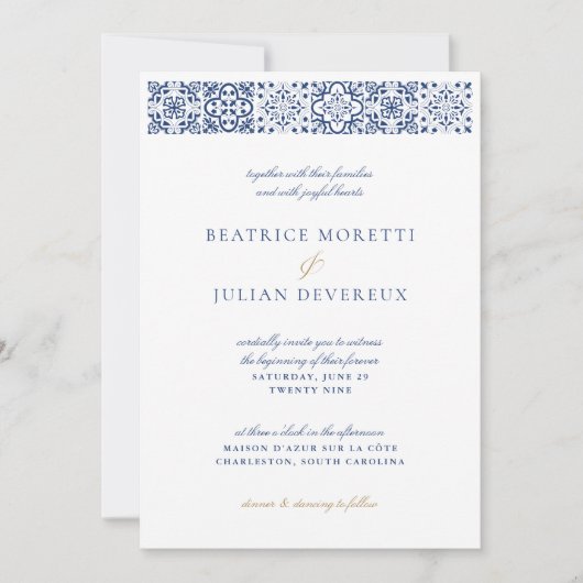 Elegante White & Blue Mediterrane Hochzeit Einladung (Vorderseite)