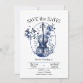 Elegante White & Blue Violin Hochzeit Save The Date (Vorderseite)