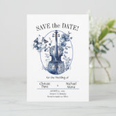 Elegante White & Blue Violin Hochzeit Save The Date (Stehend Vorderseite)