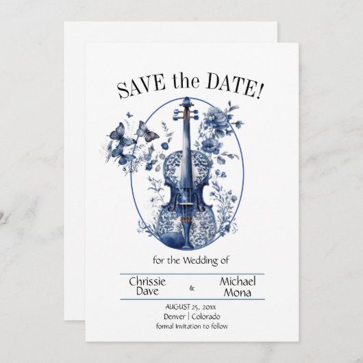 Elegante White & Blue Violin Hochzeit Save The Date (Vorne/Hinten)